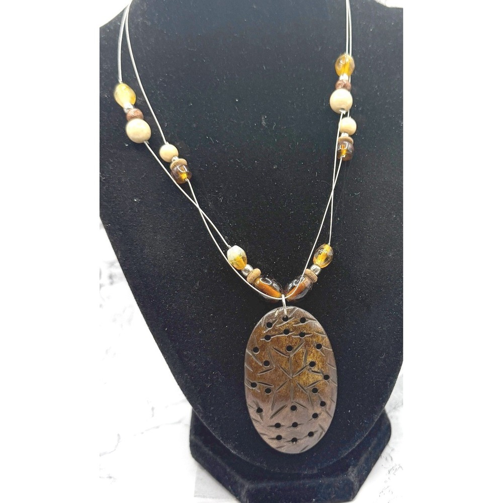 Carved Star Pendant Necklace Amber Glass Beads‎ Boho Tribal Statement